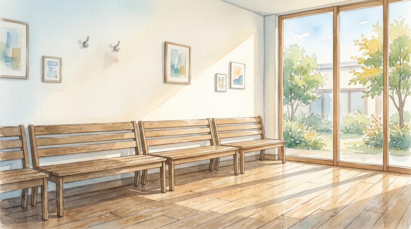 朝の光が差し込む病院の待合室の長椅子を描いた水彩画