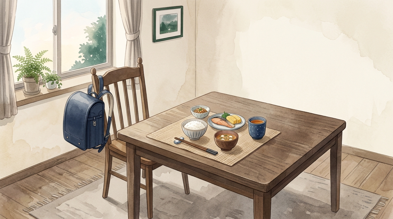 手描き水彩風のフラットイラスト。朝の食卓に置かれたランドセルと、手つかずの朝食、窓から差し込む淡い光。人物は描かれていない